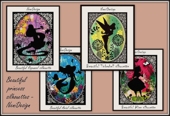 Beautiful princess silhouette package Cross stitch pattern  Rapunzel Tinkerbell Ariel Alice DIY princess cross stitch Girl room decoration