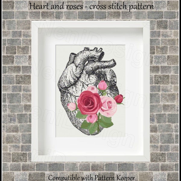 Heart and roses cross stitch pattern Human anatomy Body cross stitch cross stitch Modern cross stitch Rose cross stitch Heart cross stitch