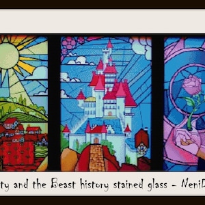 May include: A stained glass window depicting scenes from the Disney movie Beauty and the Beast. The left panel shows a village with a sun shining brightly in the sky. The middle panel shows a castle with a red roof and a path leading up to it. The right panel shows a hand holding a single red rose.