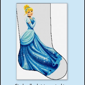 May include: Cross stitch pattern for a Christmas stocking featuring Cinderella in her blue ball gown with sparkling details.
