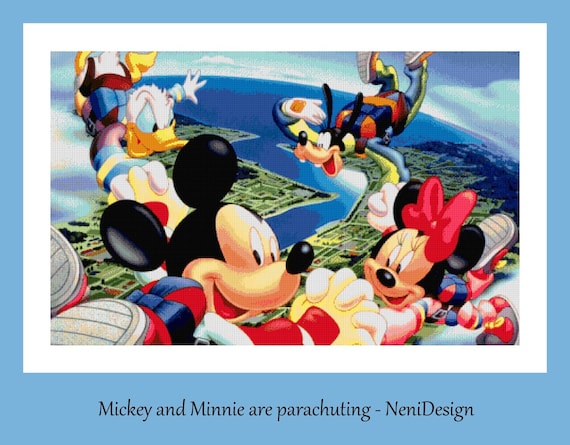 Mickey and Minnie Are Parachuting Cross Stitch Pattern DIY Mickey