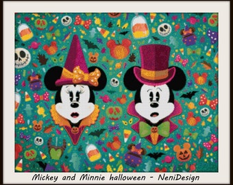 Wzór haftu krzyżykowego na Halloween Myszki Miki i Minnie, haft krzyżykowy Myszki Miki i Minnie, dekoracja pokoju dziecięcego na Halloween, haft krzyżykowy na Halloween DIY