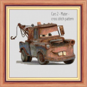 May include: Cross stitch pattern of Mater from the Disney Pixar film Cars 2. Mater is a rusty red tow truck with a blue chassis and a friendly face. The pattern is titled "Cars 2 - Mater - cross stitch pattern".