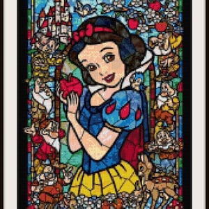 May include: A stained glass style illustration of Snow White holding a red apple. She is surrounded by the seven dwarfs, a castle, and a forest. The text "Snow White stained glass - NeniDesign" is at the bottom of the image.