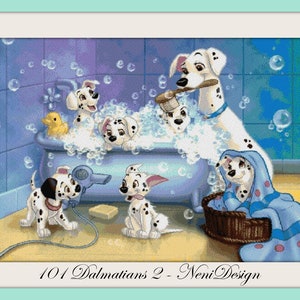 May include: A cartoon illustration of Dalmatian puppies in a bathtub with bubbles. One puppy is being dried with a hairdryer, another is wrapped in a towel, and one is being brushed by a larger Dalmatian. The text "101 Dalmatians 2 - Neni Design" is at the bottom of the image.