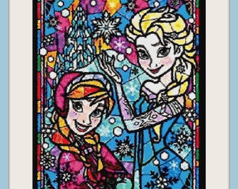 Schema punto croce per vetrate colorate di Elsa e Anna (PDF)