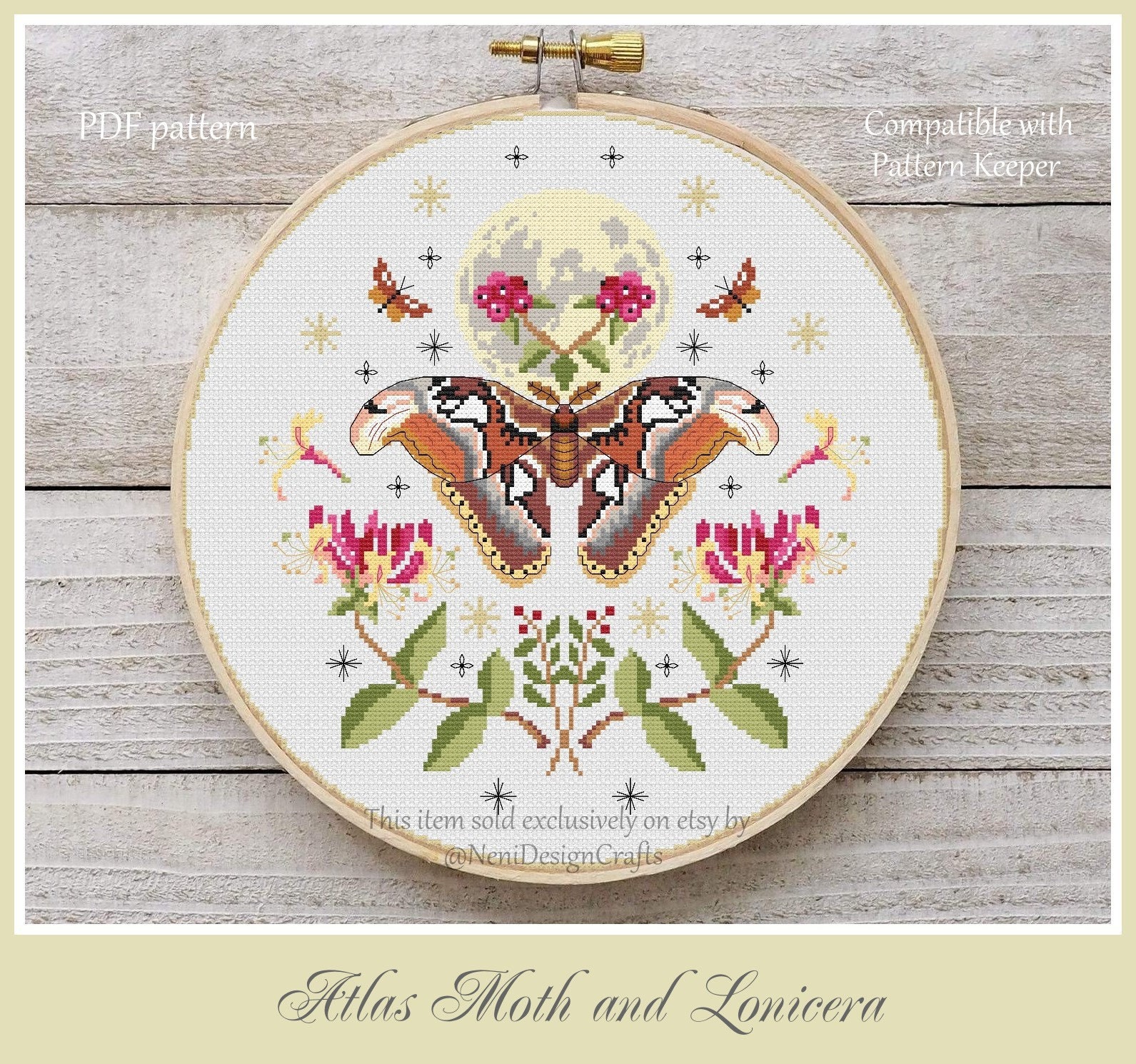 Atlas Moth Cross Stitch Pattern, Floral Moon Phase (PDF Pattern) - Etsy
