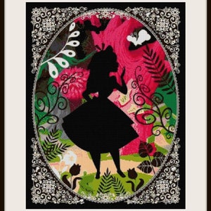 May include: A black silhouette of Alice from Alice in Wonderland standing in a whimsical garden with pink and green flowers. The silhouette is framed by a decorative oval border.