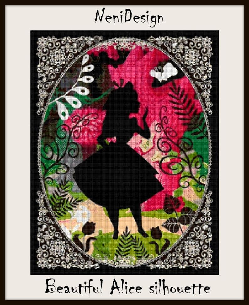 May include: A black silhouette of Alice from Alice in Wonderland standing in a whimsical garden with pink and green flowers. The silhouette is framed by a decorative oval border.