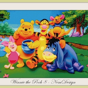 May include: Winnie the Pooh and his friends, Piglet, Tigger, and Eeyore, are standing in a green field with a blue sky and trees in the background. Winnie the Pooh is holding a blue pot of honey.  Winnie the Pooh 8 - Neni Design