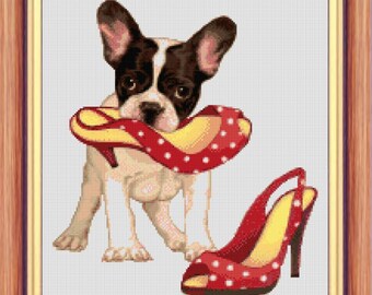 Boston Terrier and the polka dot shoes Cross stitch pattern Bross stitch boston terrier Cross stitch dog, boston terrier Kids room decor
