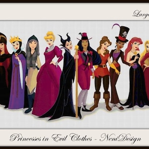 Könnte beinhalten: Eine digitale Illustration von zehn Disney-Prinzessinnen, die in Schurkenkostümen gekleidet sind. Die Prinzessinnen sind in einer Reihe von links nach rechts angeordnet. Die Prinzessinnen tragen eine Vielzahl von Outfits, darunter ein lila Kleid, ein rotes Kleid, ein schwarzes Kleid, ein grünes Kleid, ein blaues Kleid, ein gelbes Kleid, ein rosa Kleid, ein weißes Kleid, ein braunes Kleid und ein schwarzes Kleid. Die Prinzessinnen lächeln alle und schauen den Betrachter an. Der Text "Princesses in Evil Clothes - Neni Design" befindet sich am unteren Rand des Bildes.