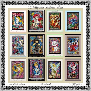 12 Heroes stained glass large package Cross stitch Heroes Kids room decoration DIY heroes Nursery decoration Stained glass heroes pattern
