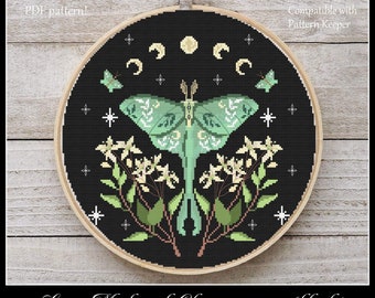Luna Moth Cross Stitch Pattern, Floral Moon Phase (PDF Pattern)