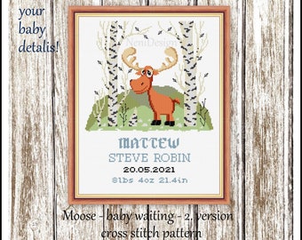 Baby birth announcement Cross stitch pattern DIY new baby birth DIY baby boy cross stitch Nursery decoration Moose cross stitch Animal