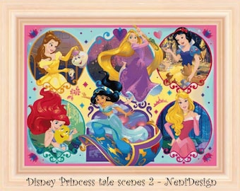 May include: A colorful illustration featuring seven Disney princesses in various scenes. The princesses include Belle, Rapunzel, Snow White, Jasmine, Ariel, Aurora, and Cinderella. The image is set against a light blue background with pink accents and features a whimsical design.