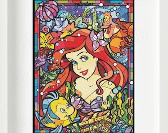 Ariel Stained Glass Cross Stitch Pattern, Mermaid Princess (PDF Pattern)