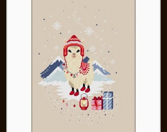 Cute lama in christmas, cross stitch pattern, lama, lama pattern, lama cross stitch, christmas, christmas pattern, christmas cross stitch