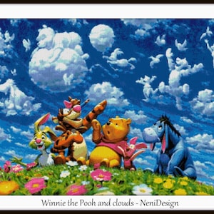 May include: Winnie the Pooh and his friends, Piglet, Tigger, Eeyore, and Rabbit, are looking up at a blue sky with white clouds. The clouds are shaped like the characters themselves, flying in the sky. The characters are standing in a field of green grass with pink and yellow flowers.