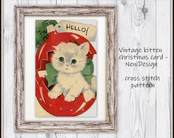 Vintage kitten christmas card, cross stitch pattern, christmas, christmas pattern, christmas cross stitch, christmas card, kitten pattern