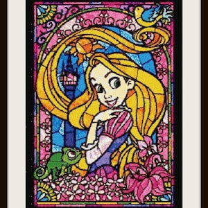 May include: A stained glass style cross stitch pattern featuring Rapunzel from Disney's Tangled. The pattern includes Rapunzel's long blonde hair, a purple dress, a chameleon, and a tower in the background. The text "Rapunzel stained glass" is at the bottom of the pattern.