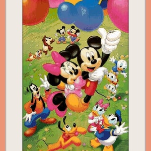 May include: A colourful cartoon illustration of Mickey Mouse and Minnie Mouse flying with balloons.  Other Disney characters including Donald Duck, Goofy, and Pluto are also in the image. The text "Large pattern!" is at the top of the image and the text "Mickey and Minnie fly - Neni Design" is at the bottom of the image.