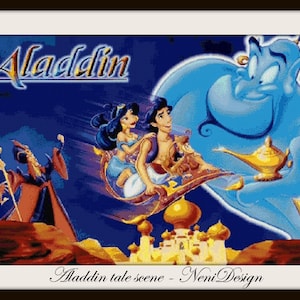 Pode incluir: Imagem emoldurada do filme de animação "Aladdin". A obra mostra Aladdin e Jasmine em um tapete mágico, com o Gênio e Jafar ao fundo. O título "Aladdin" é exibido no topo, com o texto "Aladdin tale scene - NeniDesign" na parte inferior.