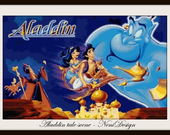 Patrón de punto de cruz de escena del cuento de Aladdín Decoración de habitación infantil Patrón de figura del cuento Escenas del cuento en punto de cruz Decoración de guardería DIY Aladdín