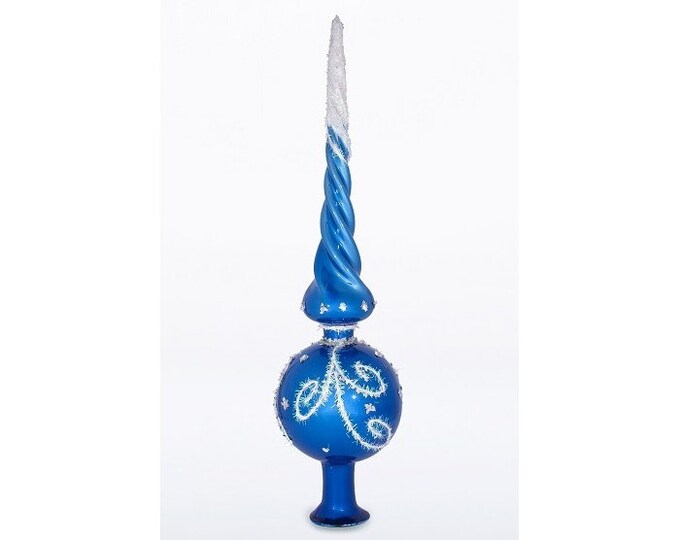 Glass Spire Tree Topper, Blue Glossy, White Silver Accents, Christmas