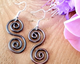 Celtic Spiral Copper Earrings, Rustic Boho Dangle Drop Earrings, Festival  Jewellery