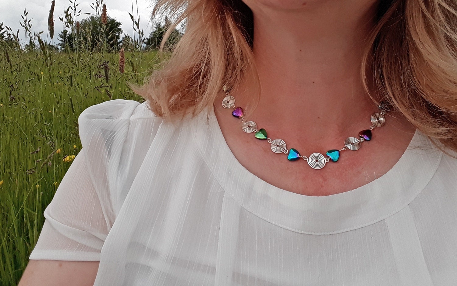 Hearts and Spirals Necklace Rainbow gemstones beaded necklace | Etsy