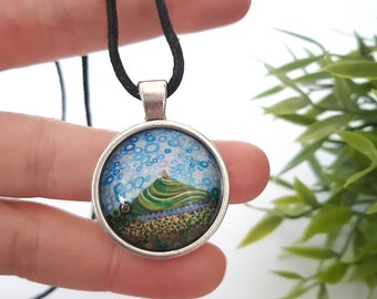 Tor Pendant, Cabochon Charm, Pendant Necklace, Glastonbury Tor Key Ring, Unique Mothers Day Gift, Birthday Present, Key Charm, Wearable Art