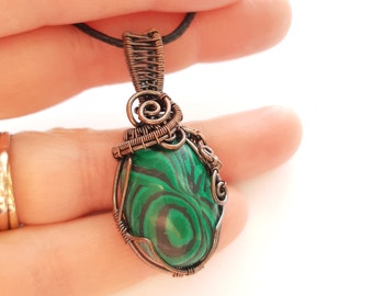 Malachite Copper Pendant, Wire Wrapped Jewellery, Unique Gifts for Women, Festival Necklaces, Healing Gemstone Pendants