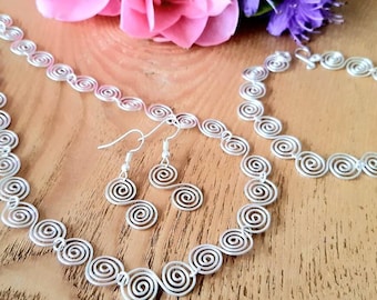Silver Spiral Jewelry Set - Necklace, Bracelet, Earrings - Handmade Wire Jewelry