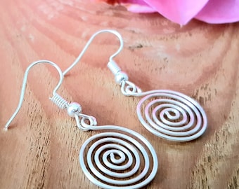 Silver Spiral Dangle Earrings, Dainty Celtic Jewellery, Silver Coil Petite Concentric Swirl Dangles