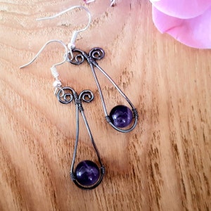 Purple scroll copper earrings, drop earrings, rustic boho jewellery, Mothers day gifts for her, birthday gift for women