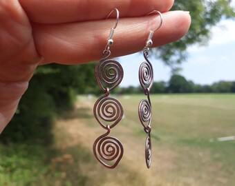 Trio Spiral Copper Earrings, Rustic Boho, Celtic, Druid, Pagan Jewellery