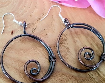 Copper spiral wire hoop boho earrings