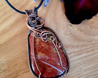 Red Jasper gemstone copper wire wrapped pendant. Boho crystal jewellery.  October Birthstone Necklace