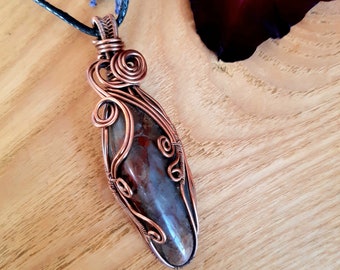 Seftonite or Vulcan Jasper gemstone copper wire wrapped pendant. Boho crystal jewellery.  March birthstone necklace.