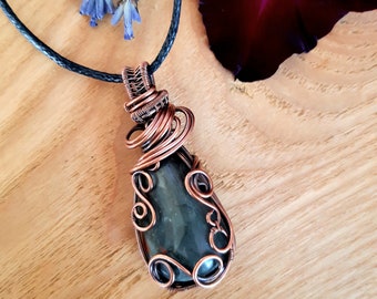 Seftonite or Vulcan Jasper gemstone copper wire wrapped pendant. Boho crystal jewellery.  March birthstone necklace.