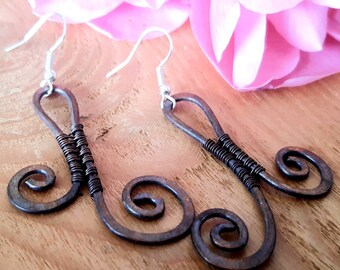 Oxidized Copper Viking Earrings, Celtic Scroll, Festival Jewelry