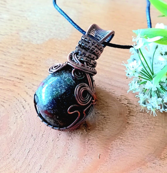 Bloodstone Gemstone Copper Wire Wrapped Pendant. Boho Crystal Jewellery. March Birthstone Necklace Stone Pendants
