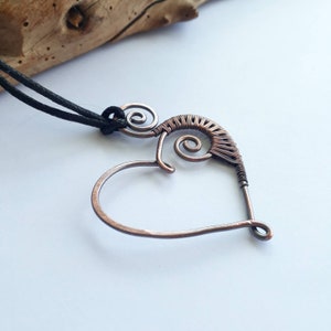 Oxidised copper wire wrapped heart and spiral pendant