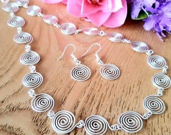Silver Spiral Necklace Earrings Set, Open Celtic Design, Handmade Jewelry