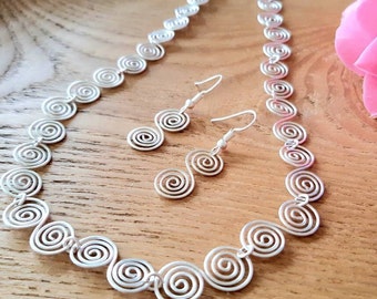 Silver Spiral Necklace and Earrings Set, Handmade Jewelry