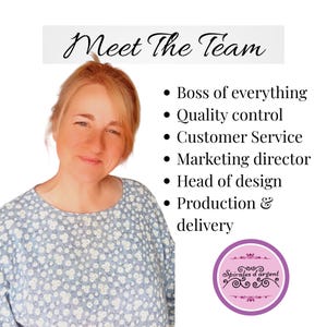May include: A person with light brown hair wearing a light blue shirt with a white floral pattern. Text reads: Meet The Team, Boss of everything, Quality control, Customer Service, Marketing director, Head of design, Production & delivery. Spirales d'argent logo.