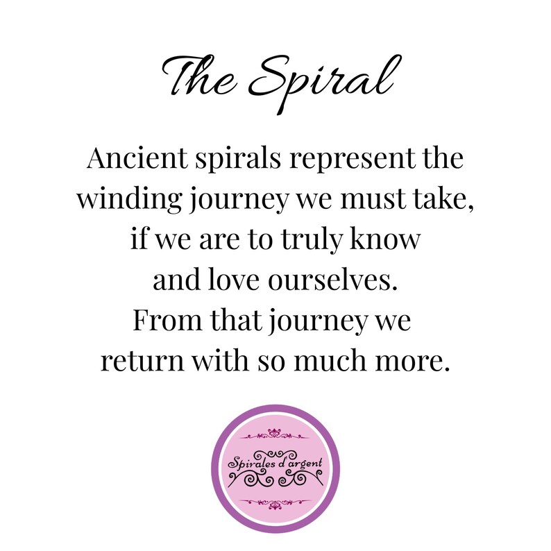 May include: A white graphic print featuring the black text The Spiral followed by the paragraph: Ancient spirals represent the winding journey we must take, if we are to truly know and love ourselves. From that journey we return with so much more.