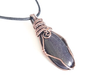 Blue Goldstone Copper Pendant Necklace, Wire Wrapped Jewellery, Unique Gifts for Women, Festival Jewellery, Healing Gemstone Pendants