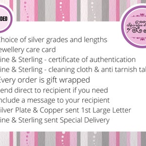 May include: A list of items included with a purchase of silver jewelry. The list includes a choice of silver grades and lengths, a jewelry care card, a certificate of authentication, a cleaning cloth and anti-tarnish tab, gift wrapping, and the option to send directly to the recipient.  The list also includes shipping information for different types of silver jewelry.